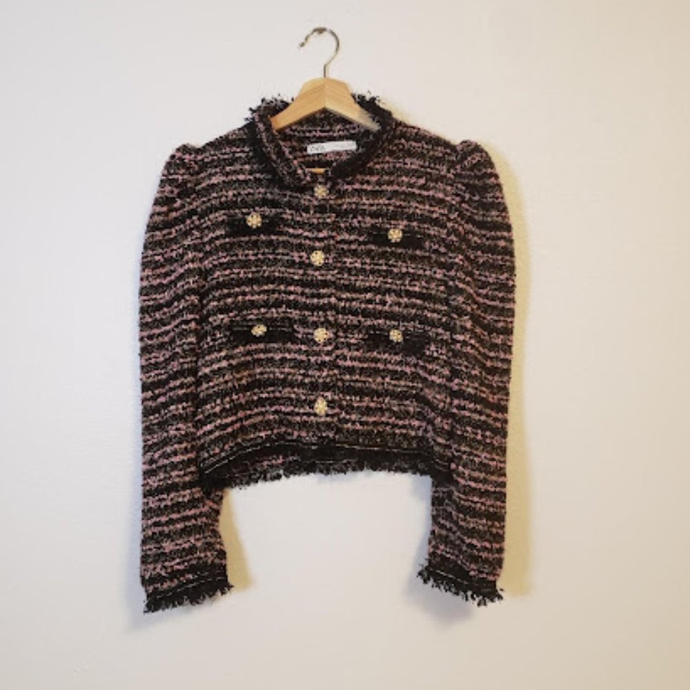 Zara Large Pink Black Tweed Pearl Button Military Style Puff Sleeve Blazer